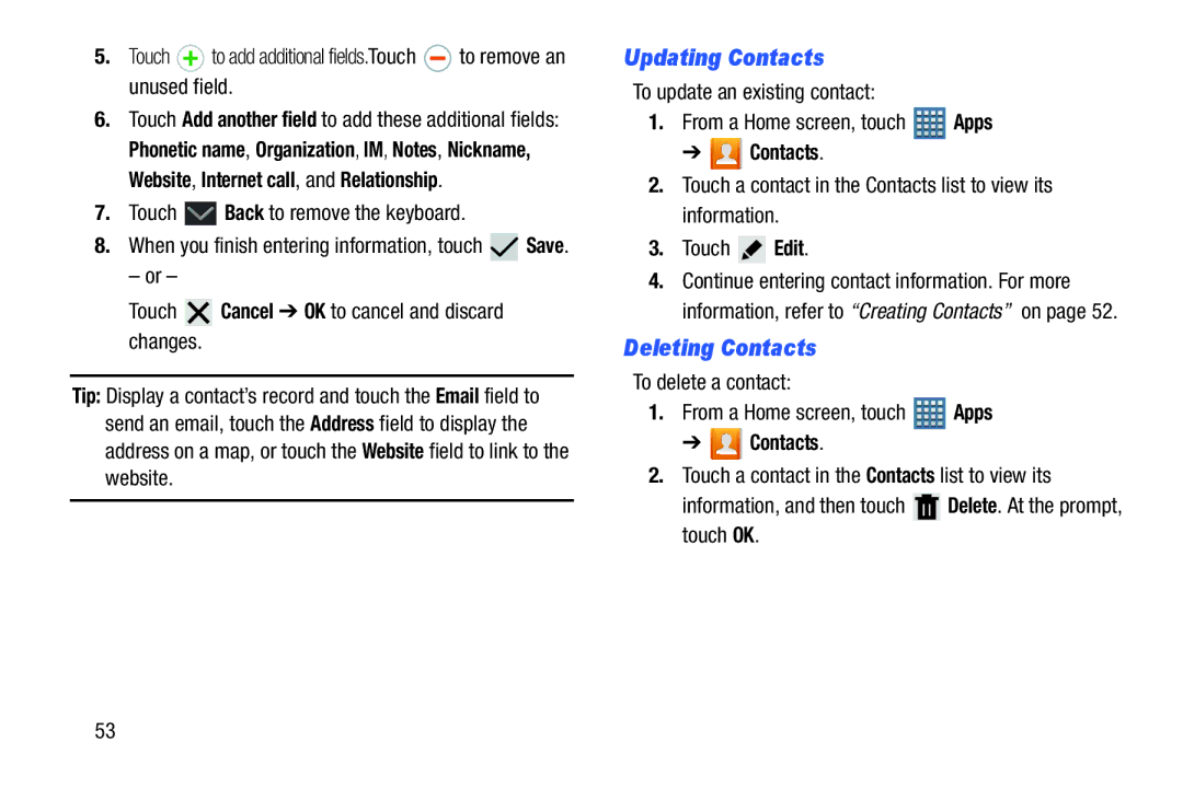 Samsung GT-P7510MAVXAB, GT-P7510UWVXAB user manual Updating Contacts, Deleting Contacts, Touch Back to remove the keyboard 