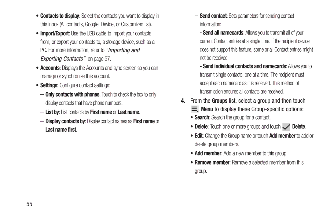 Samsung GT-P7510UWVXAB Settings Configure contact settings, Remove member Remove a selected member from this group 