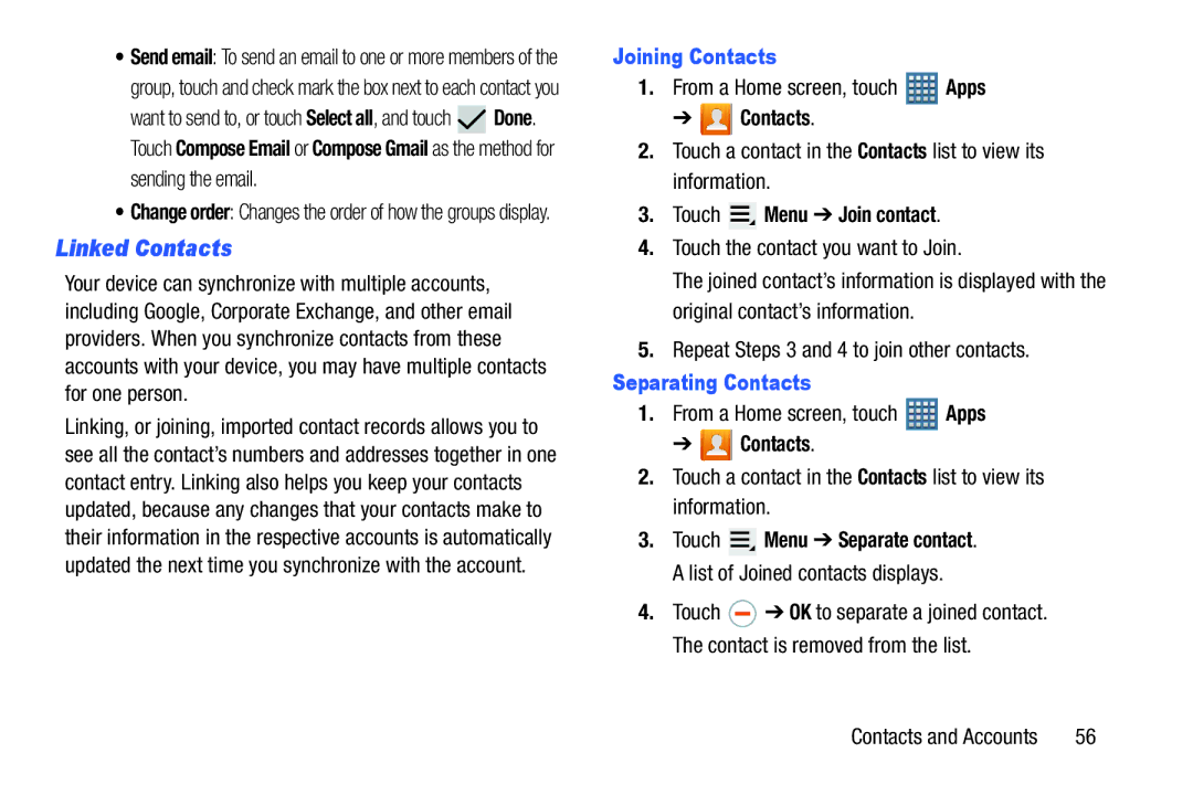 Samsung GT-P7510MAVXAB user manual Linked Contacts, Joining Contacts, Information Touch, Touch the contact you want to Join 