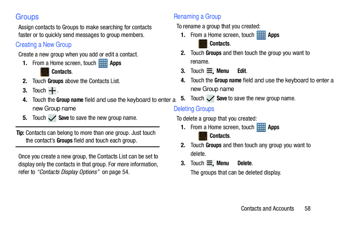 Samsung GT-P7510UWVXAB, GT-P7510MAVXAB, GT-P7510MAYXAB Creating a New Group, Renaming a Group, Deleting Groups 