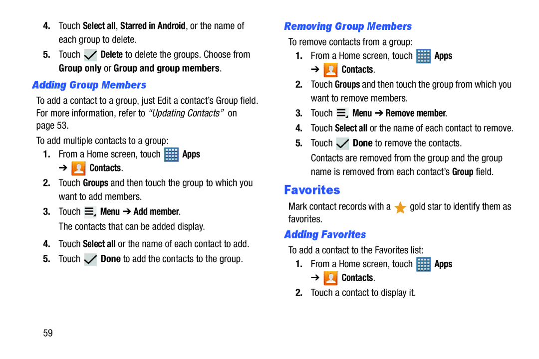 Samsung GT-P7510MAVXAB, GT-P7510UWVXAB, GT-P7510MAYXAB Adding Group Members, Removing Group Members, Adding Favorites 