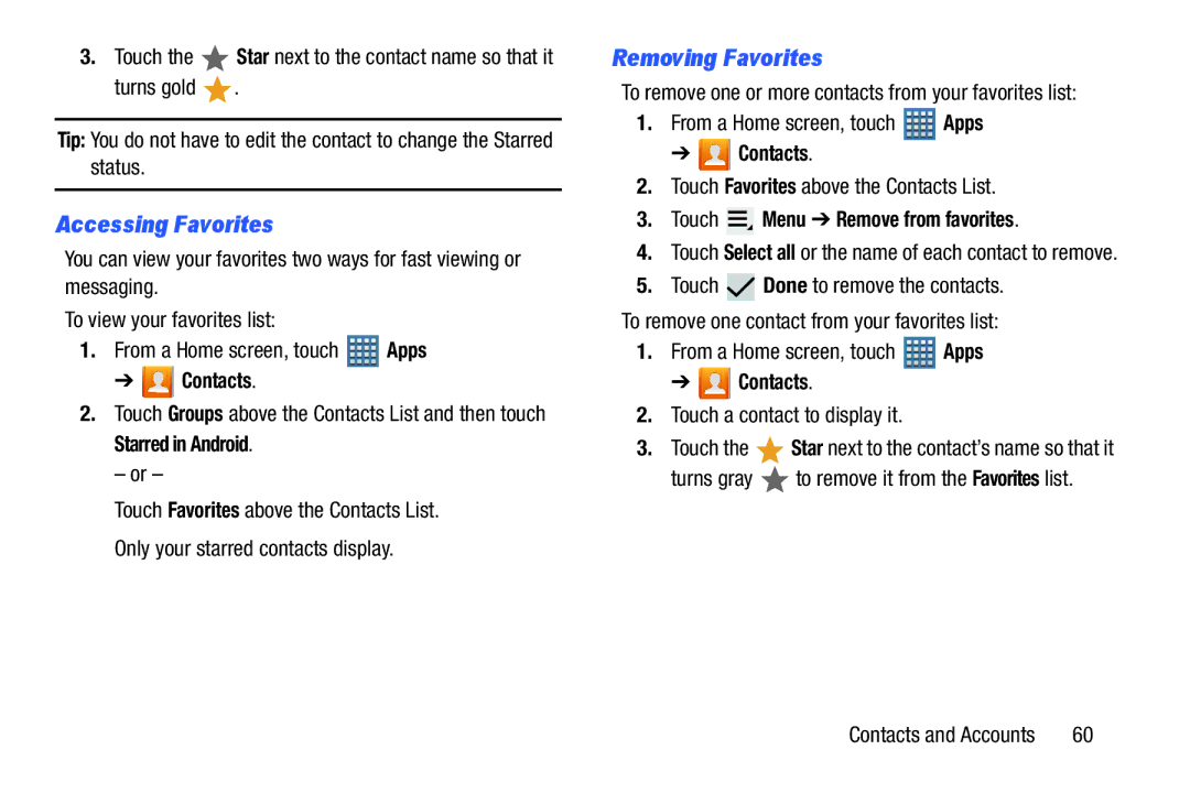 Samsung GT-P7510MAYXAB, GT-P7510UWVXAB Accessing Favorites, Removing Favorites, Touch Favorites above the Contacts List 