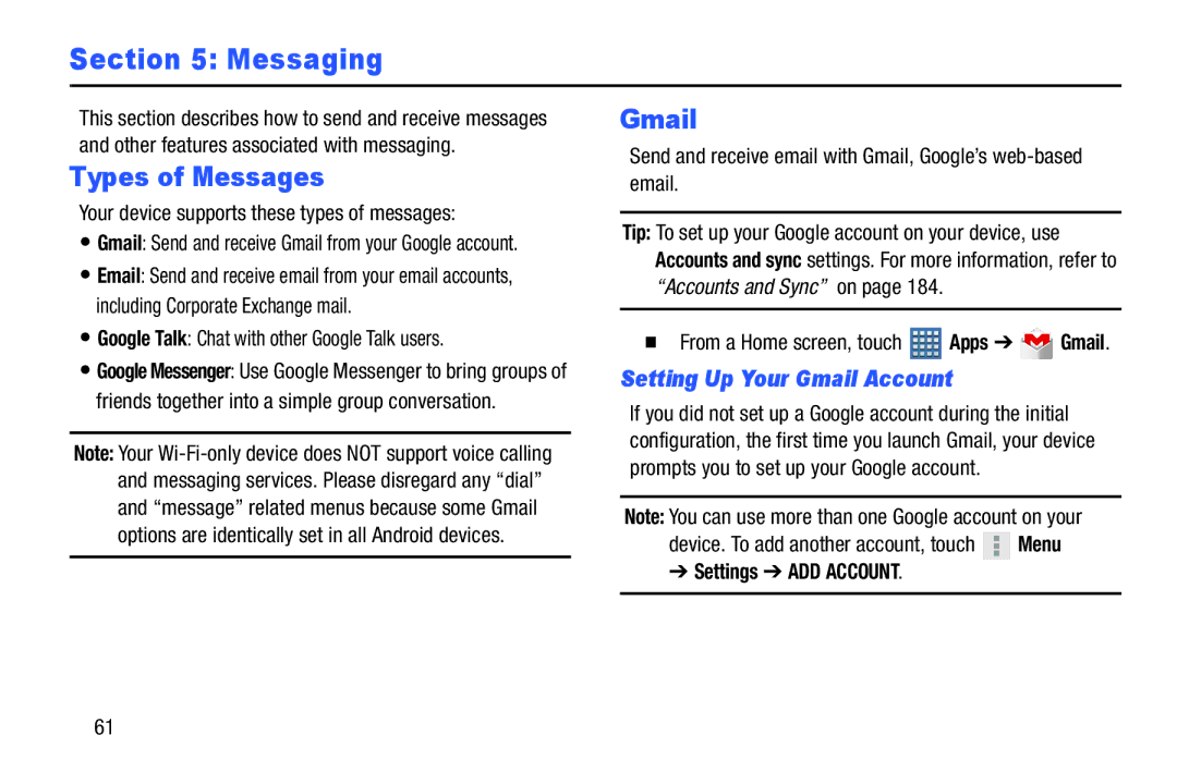 Samsung GT-P7510UWVXAB, GT-P7510MAVXAB Types of Messages, Setting Up Your Gmail Account, Settings ADD Account 