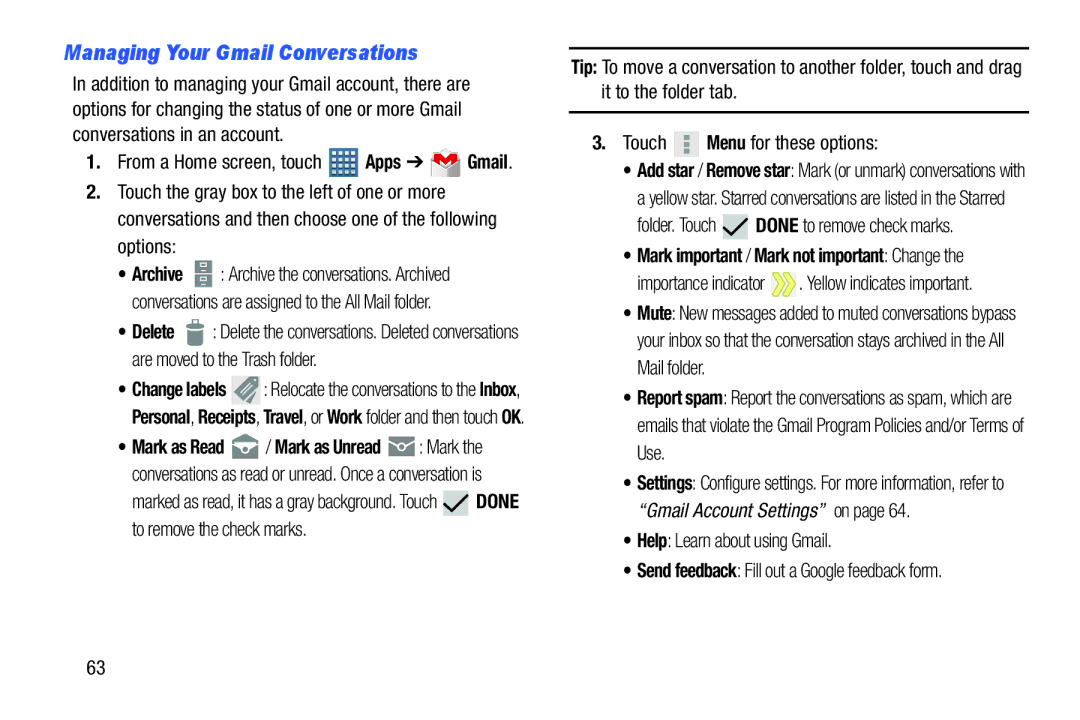 Samsung GT-P7510MAYXAB, GT-P7510UWVXAB Managing Your Gmail Conversations, Folder. Touch Done to remove check marks 