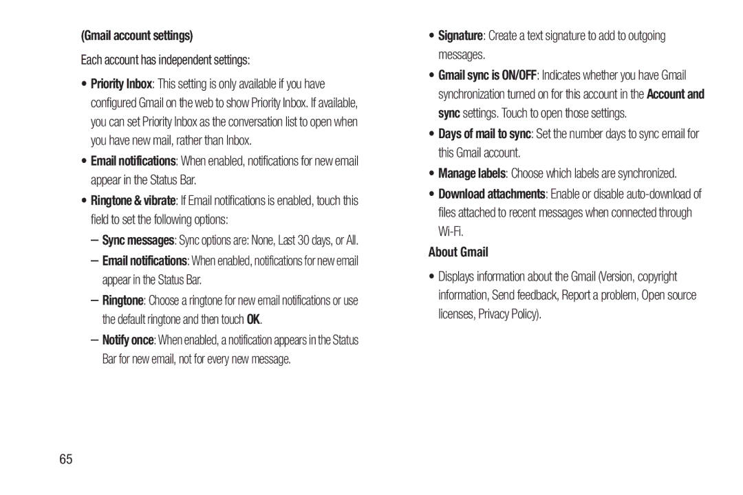 Samsung GT-P7510MAVXAB, GT-P7510UWVXAB Gmail account settings, Each account has independent settings, About Gmail 