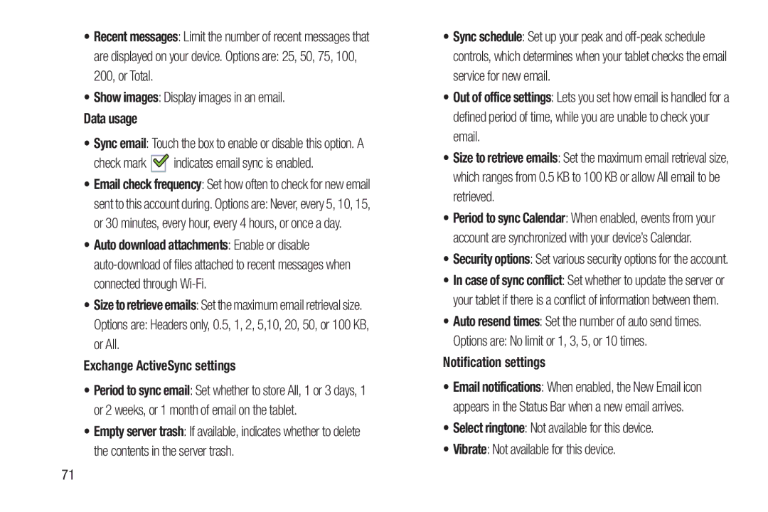 Samsung GT-P7510MAVXAB user manual Data usage, Check mark indicates email sync is enabled, Exchange ActiveSync settings 