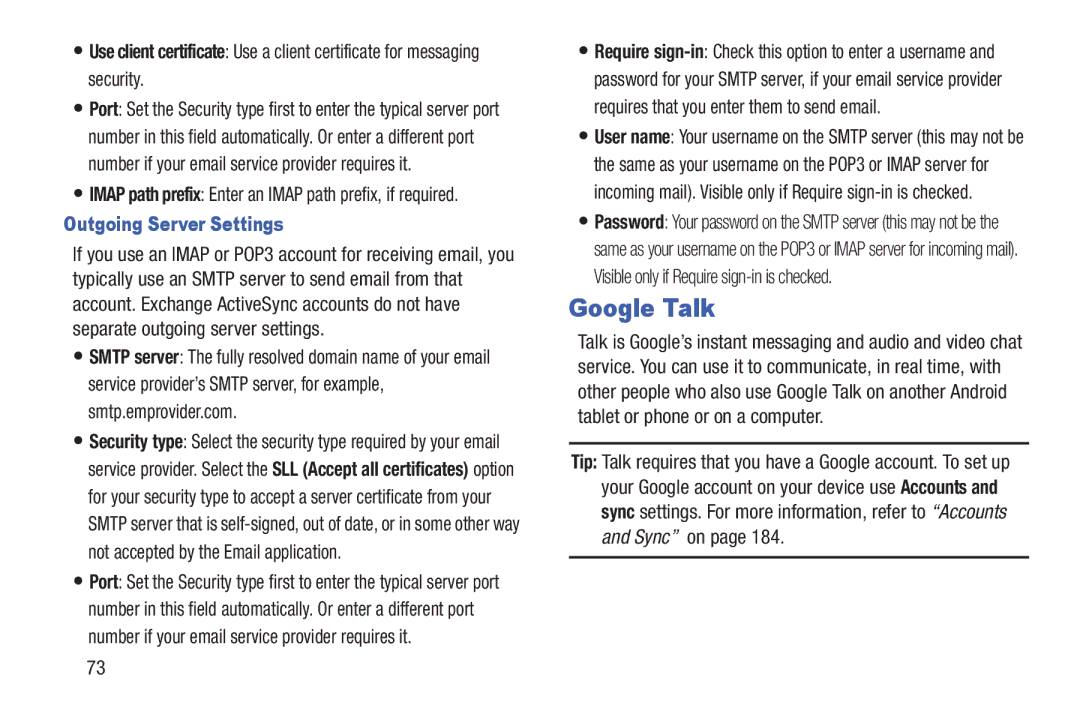 Samsung GT-P7510UWVXAB Google Talk, Outgoing Server Settings, Imap path prefix Enter an Imap path prefix, if required 