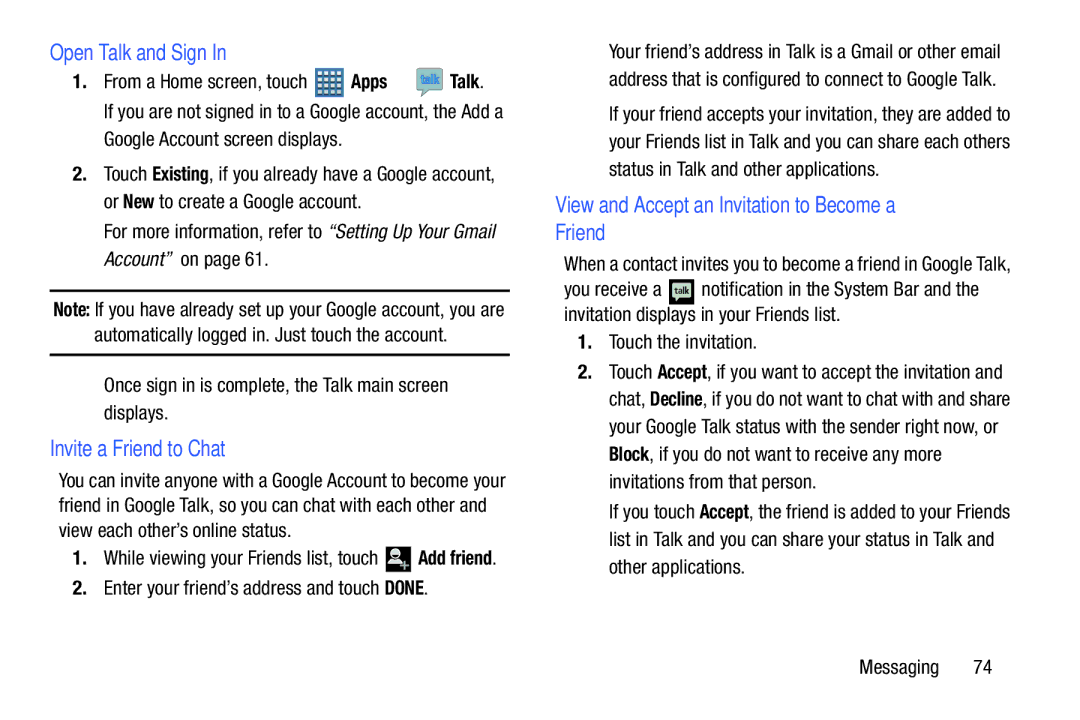 Samsung GT-P7510MAVXAB Open Talk and Sign, Invite a Friend to Chat, View and Accept an Invitation to Become a Friend 