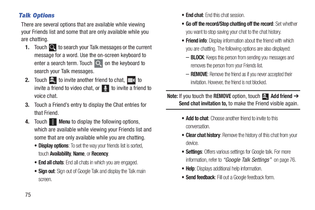 Samsung GT-P7510MAYXAB Talk Options, Help Displays additional help information, Touch to invite another friend to chat, to 