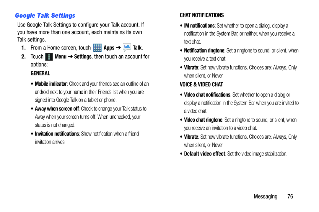 Samsung GT-P7510UWVXAB, GT-P7510MAVXAB Google Talk Settings, Default video effect Set the video image stabilization 