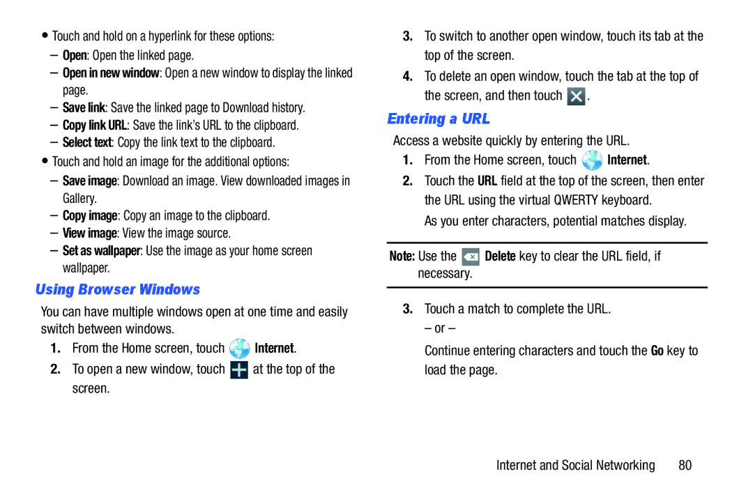 Samsung GT-P7510MAVXAB Using Browser Windows, Entering a URL, Open in new window Open a new window to display the linked 