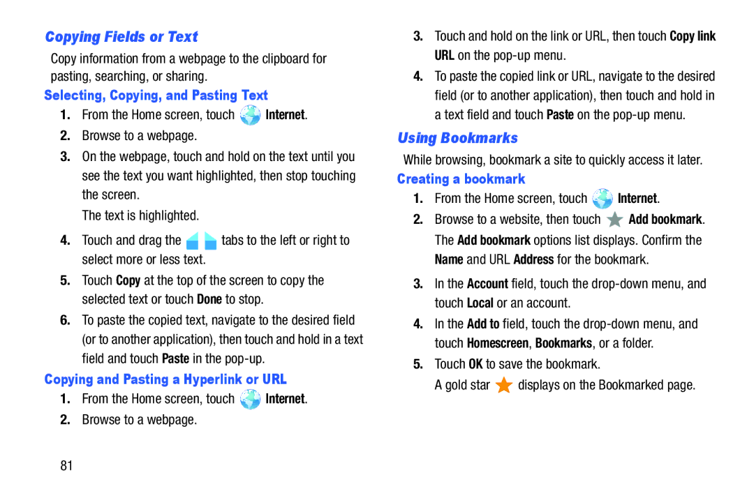 Samsung GT-P7510MAYXAB Copying Fields or Text, Using Bookmarks, Selecting, Copying, and Pasting Text, Creating a bookmark 