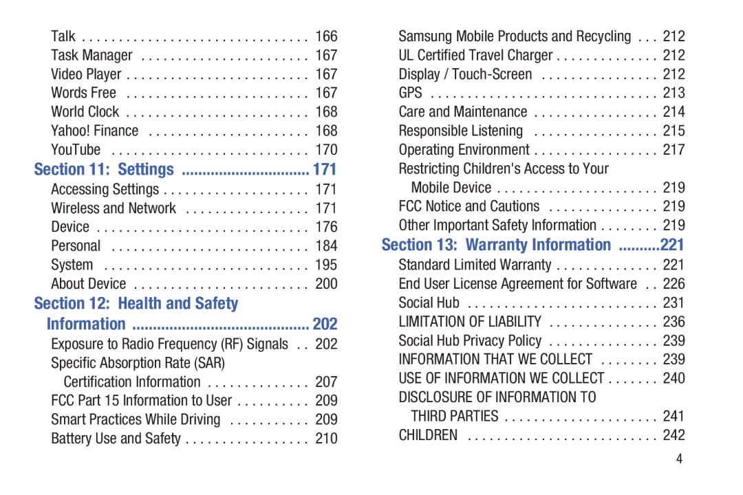 Samsung GT-P7510UWVXAB, GT-P7510MAVXAB 171, Health and Safety, 202, Warranty Information 221, Third Parties Children 