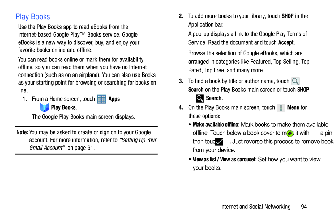 Samsung GT-P7510UWVXAB, GT-P7510MAVXAB user manual Search, On the Play Books main screen, touch Menu for these options 