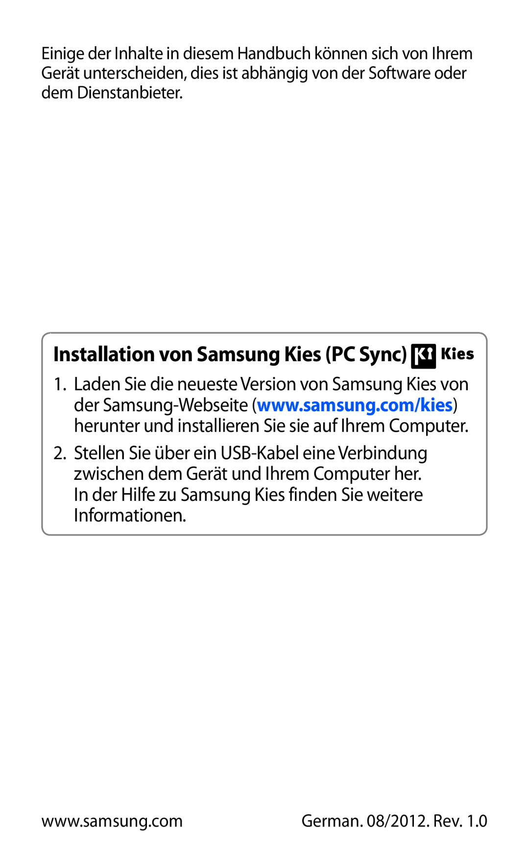 Samsung GT-P7511UWDDBT, GT-P7511UWEDBT, GT-P7511FKADBT manual Installation von Samsung Kies PC Sync, German. 08/2012. Rev 