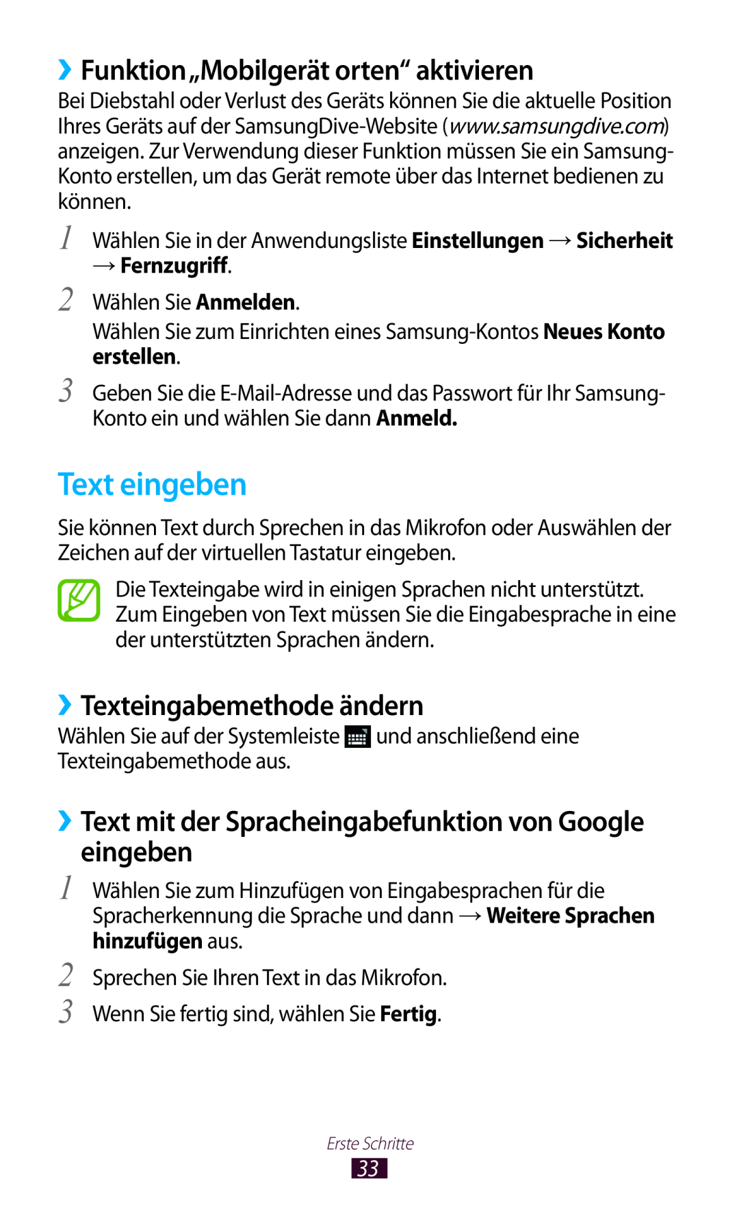 Samsung GT-P7511UWADBT, GT-P7511UWEDBT Text eingeben, ››Funktion„Mobilgerät orten“ aktivieren, ››Texteingabemethode ändern 