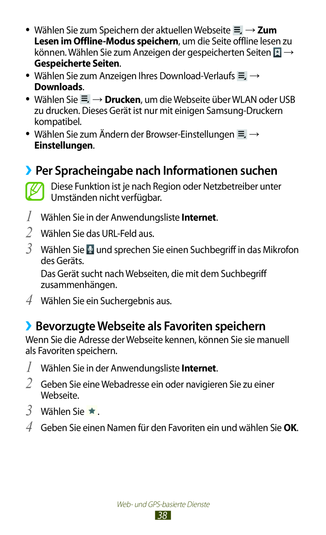 Samsung GT-P7511FKADBT manual ››Bevorzugte Webseite als Favoriten speichern, ››Per Spracheingabe nach Informationen suchen 