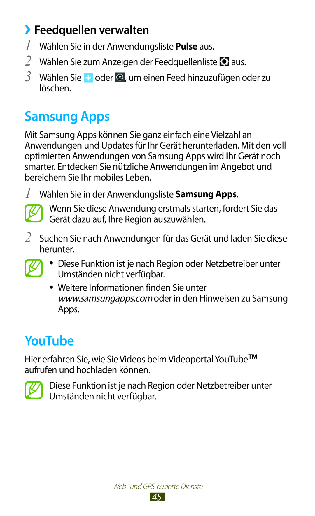 Samsung GT-P7511UWADBT, GT-P7511UWEDBT, GT-P7511UWDDBT, GT-P7511FKADBT manual Samsung Apps, YouTube, ››Feedquellen verwalten 