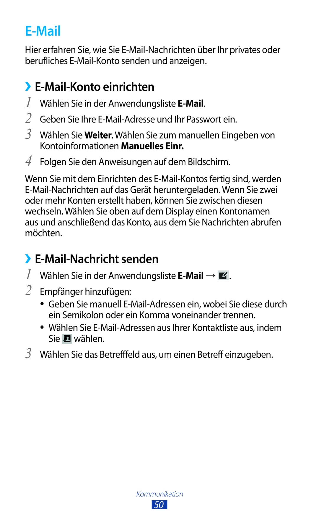 Samsung GT-P7511FKADBT, GT-P7511UWEDBT, GT-P7511UWDDBT manual ››E-Mail-Konto einrichten, ››E-Mail-Nachricht senden 
