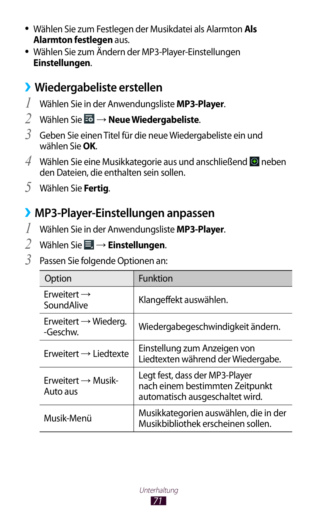 Samsung GT-P7511FKEDBT Wiedergabeliste erstellen, ››MP3-Player-Einstellungen anpassen, Wählen Sie → Neue Wiedergabeliste 