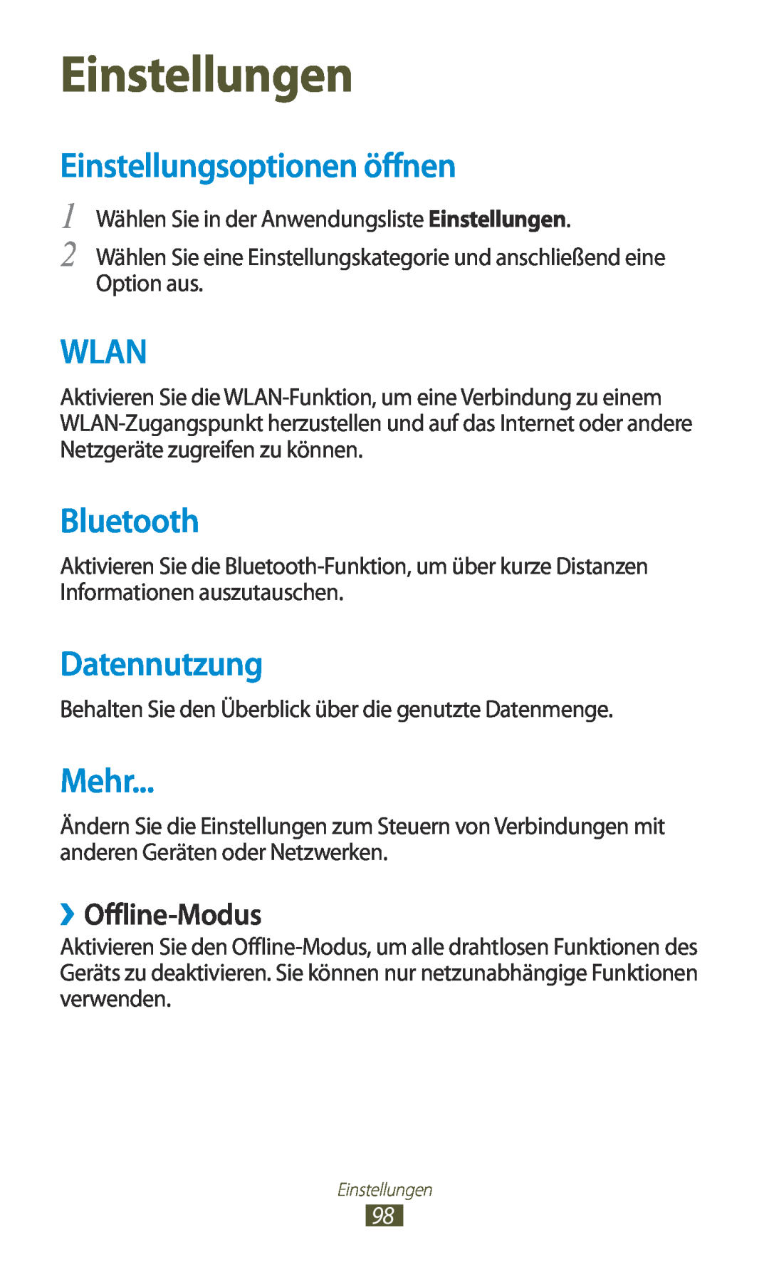 Samsung GT-P7511FKADBT Einstellungen, Einstellungsoptionen öffnen, Datennutzung, Mehr, ››Offline-Modus, Wlan, Bluetooth 