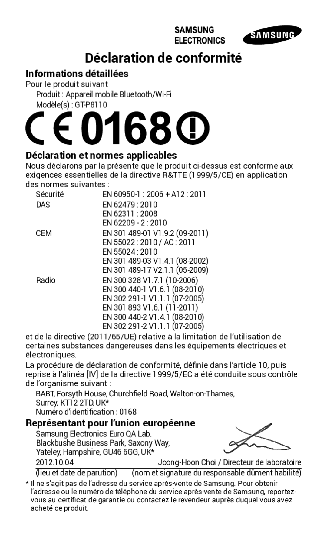 Samsung GT-P8110HAAXEF, GT-P8110HAEXEF manual Déclaration de conformité 