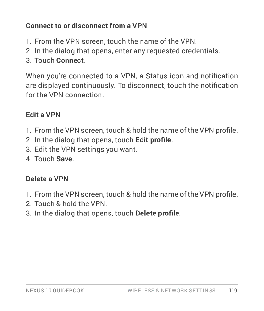 Samsung GT-P8110HAVXAR manual Connect to or disconnect from a VPN, Edit a VPN, Delete a VPN 