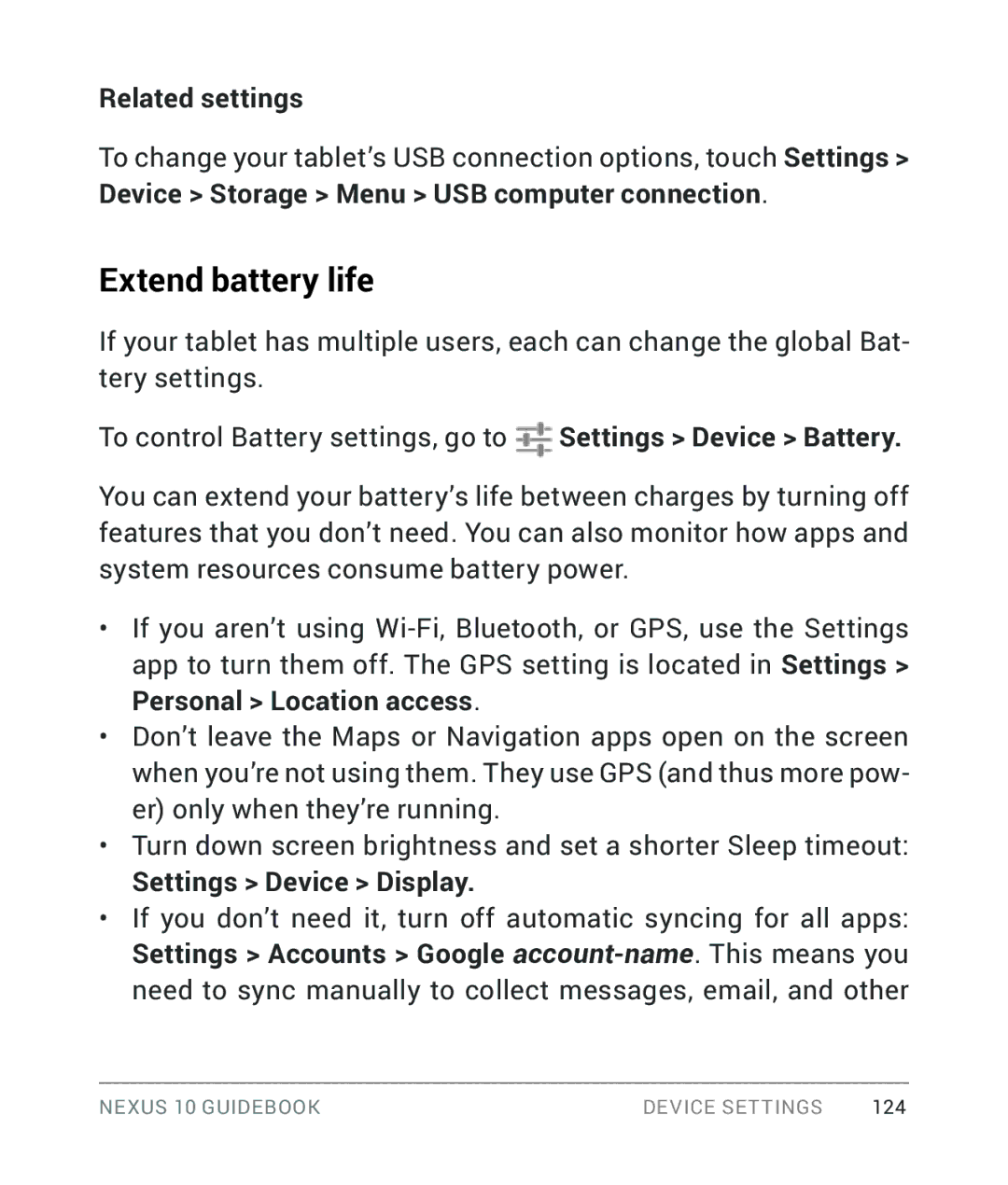 Samsung GT-P8110HAVXAR manual Extend battery life, Device Storage Menu USB computer connection, Settings Device Display 