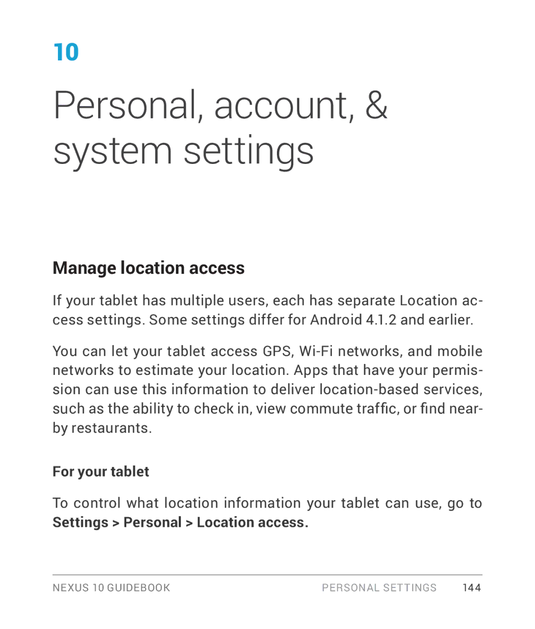 Samsung GT-P8110HAVXAR manual Manage location access, For your tablet, Settings Personal Location access 