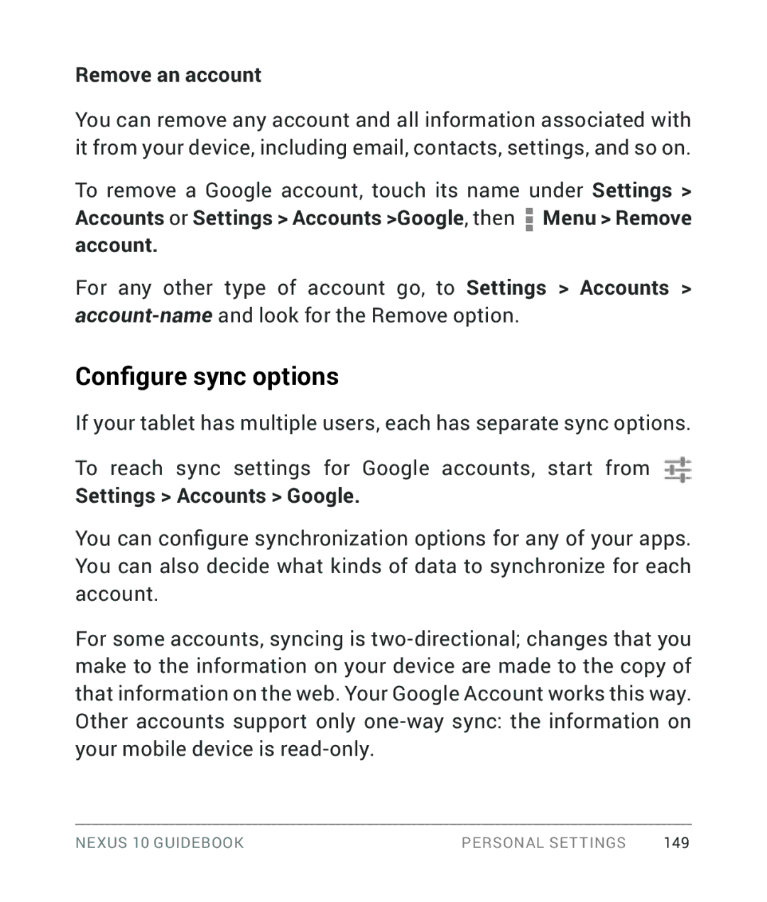 Samsung GT-P8110HAVXAR manual Configure sync options, Remove an account, Settings Accounts Google 