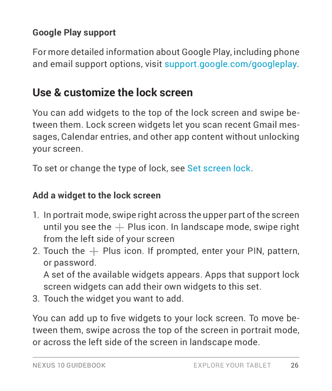Samsung GT-P8110HAVXAR manual Use & customize the lock screen, Google Play support, Add a widget to the lock screen 