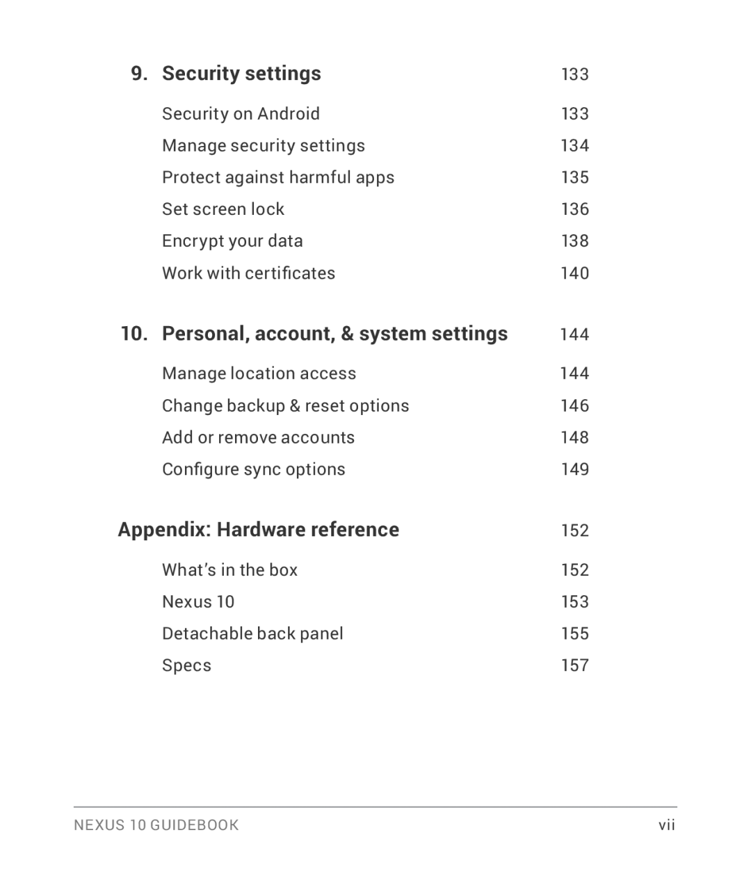 Samsung GT-P8110HAVXAR manual Security settings, Appendix Hardware reference 