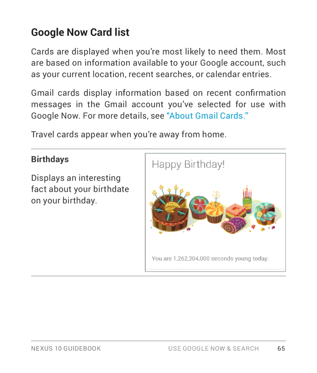 Samsung GT-P8110HAVXAR manual Google Now Card list, Birthdays 