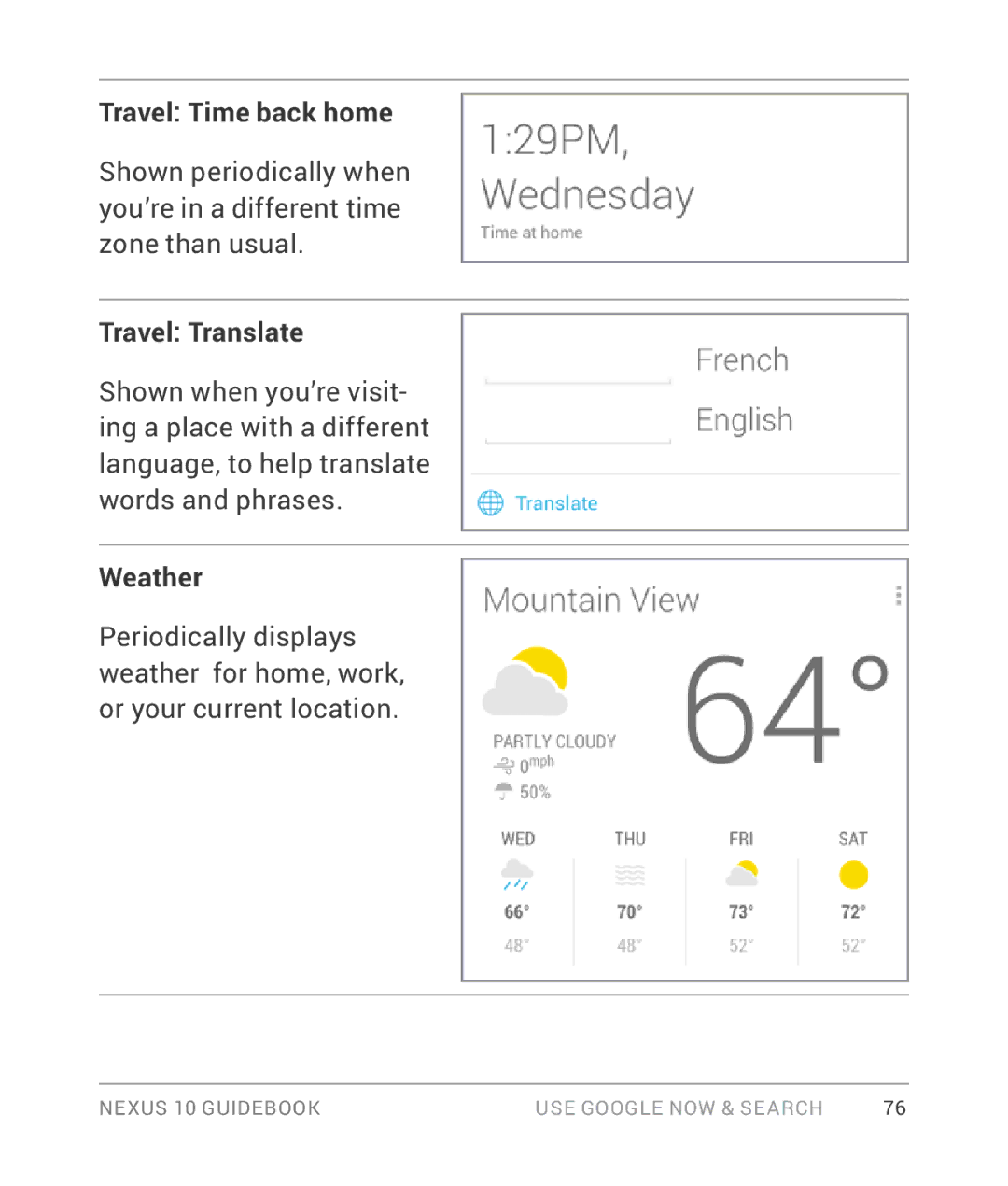 Samsung GT-P8110HAVXAR manual Travel Time back home, Travel Translate, Weather 