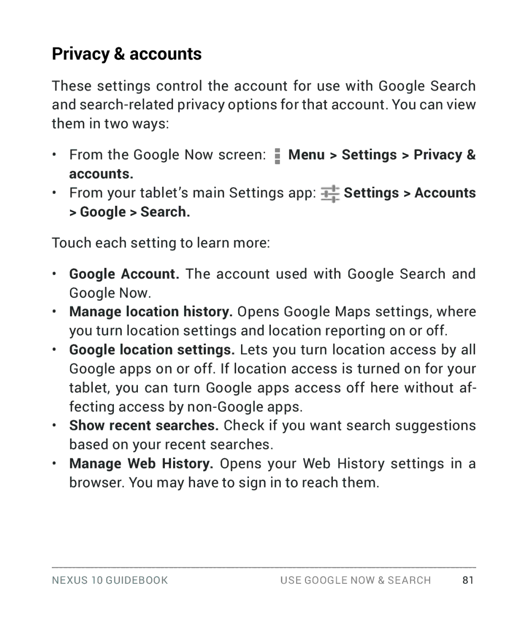 Samsung GT-P8110HAVXAR manual Privacy & accounts, From your tablet’s main Settings app, Google Search 