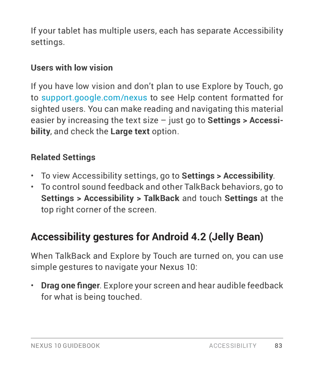 Samsung GT-P8110HAVXAR manual Accessibility gestures for Android 4.2 Jelly Bean, Users with low vision Related Settings 