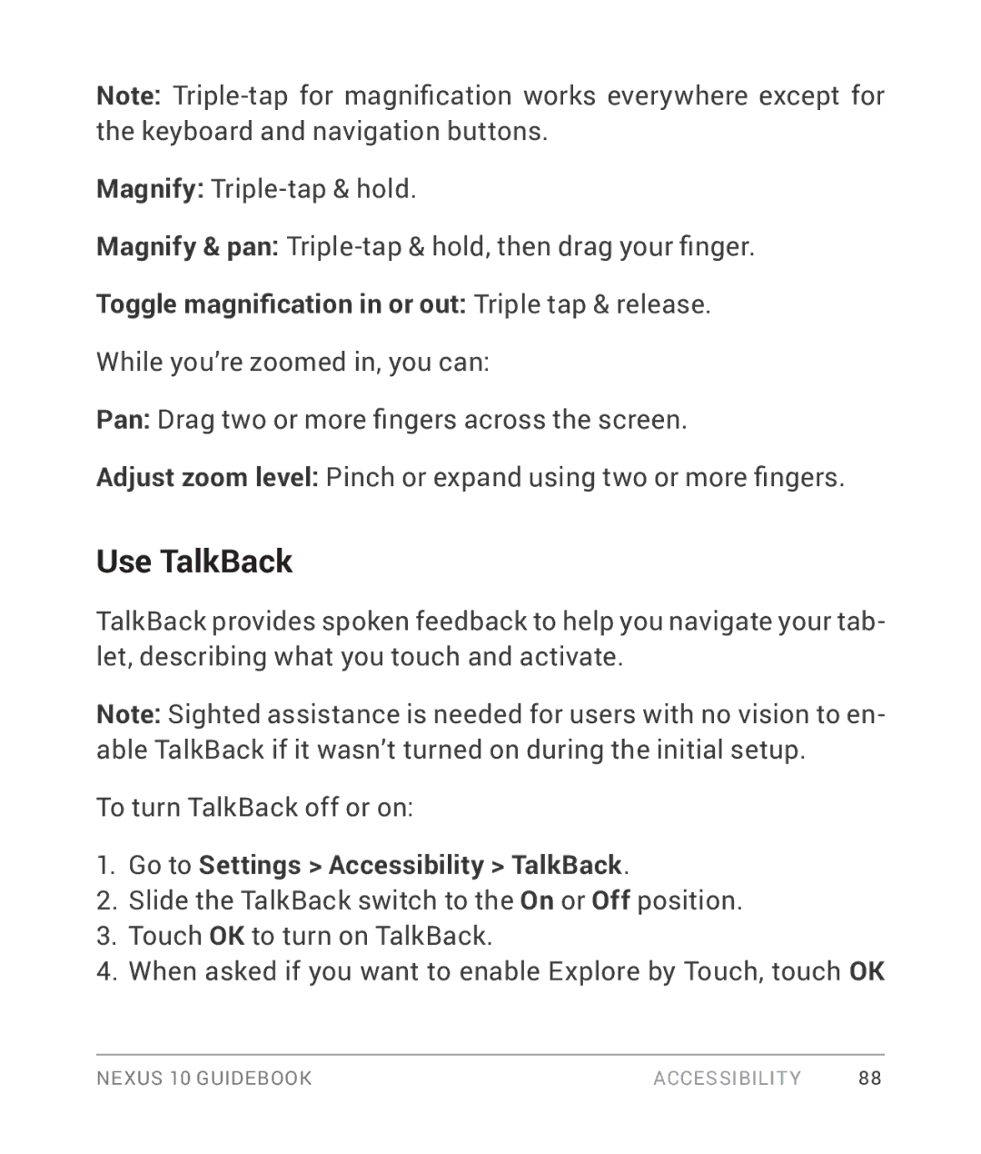 Samsung GT-P8110HAVXAR manual Use TalkBack, Toggle magnification in or out Triple tap & release 