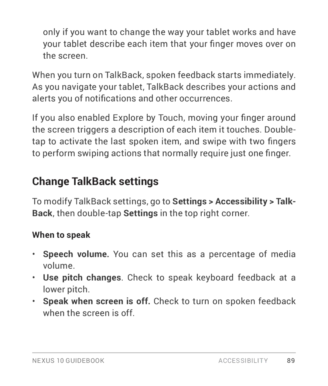 Samsung GT-P8110HAVXAR manual Change TalkBack settings, When to speak 