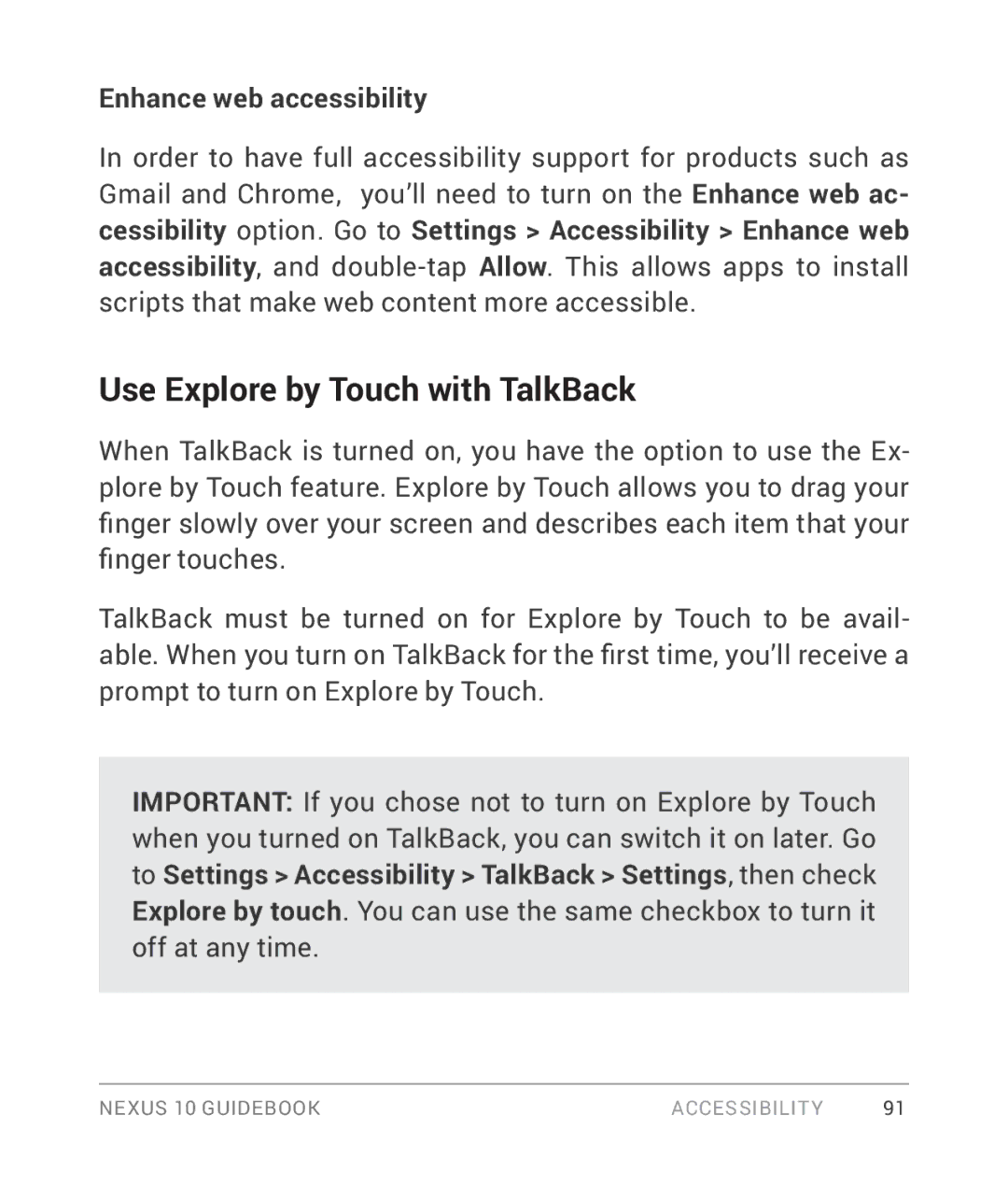 Samsung GT-P8110HAVXAR manual Use Explore by Touch with TalkBack, Enhance web accessibility 