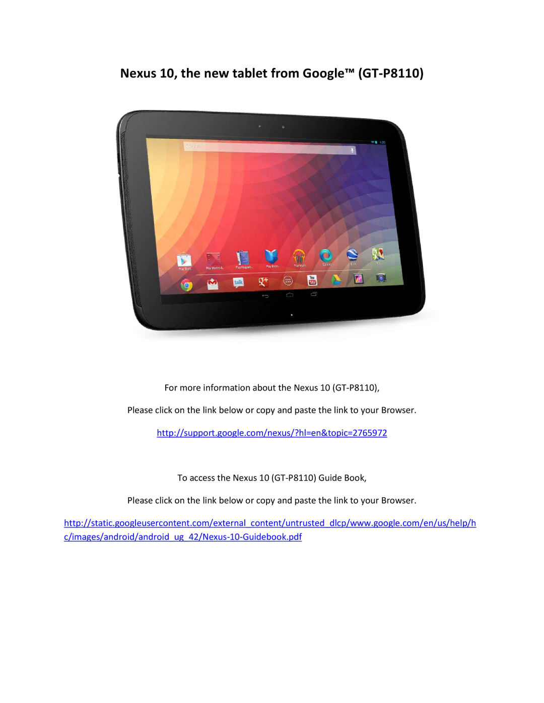 Samsung GT-P8110HAVXAR manual Nexus 10, the new tablet from Google GT-P8110 