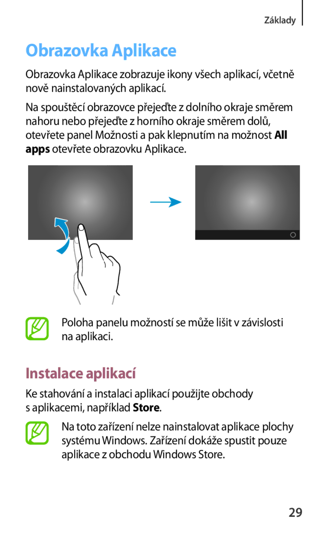 Samsung GT-P8510MSAORX, GT-P8510MSAATO, GT-P8510MSAETL, GT-P8510MSAAUT manual Obrazovka Aplikace, Instalace aplikací 