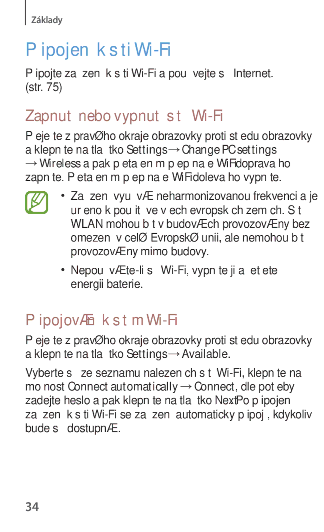 Samsung GT-P8510MSAETL, GT-P8510MSAATO Připojení k síti Wi-Fi, Zapnutí nebo vypnutí sítě Wi-Fi, Připojování k sítím Wi-Fi 