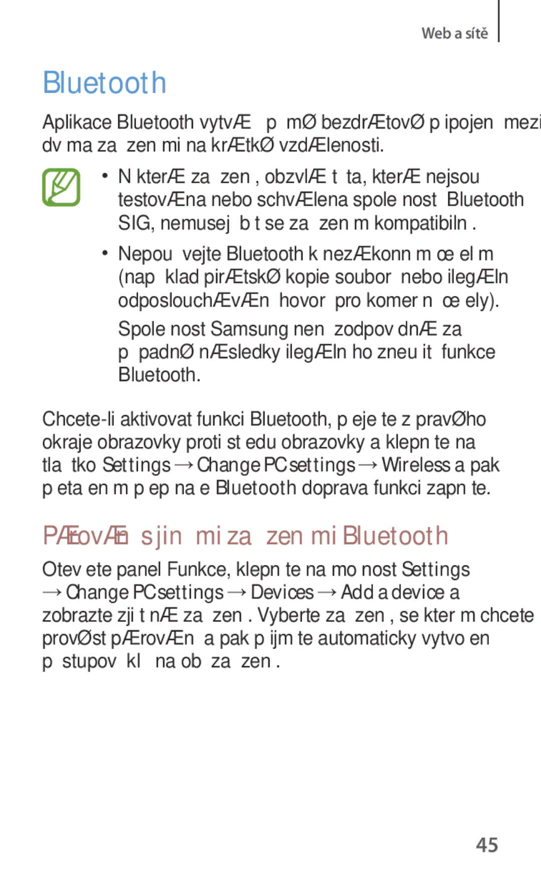 Samsung GT-P8510MSAORX, GT-P8510MSAATO, GT-P8510MSAETL, GT-P8510MSAAUT manual Párování s jinými zařízeními Bluetooth 