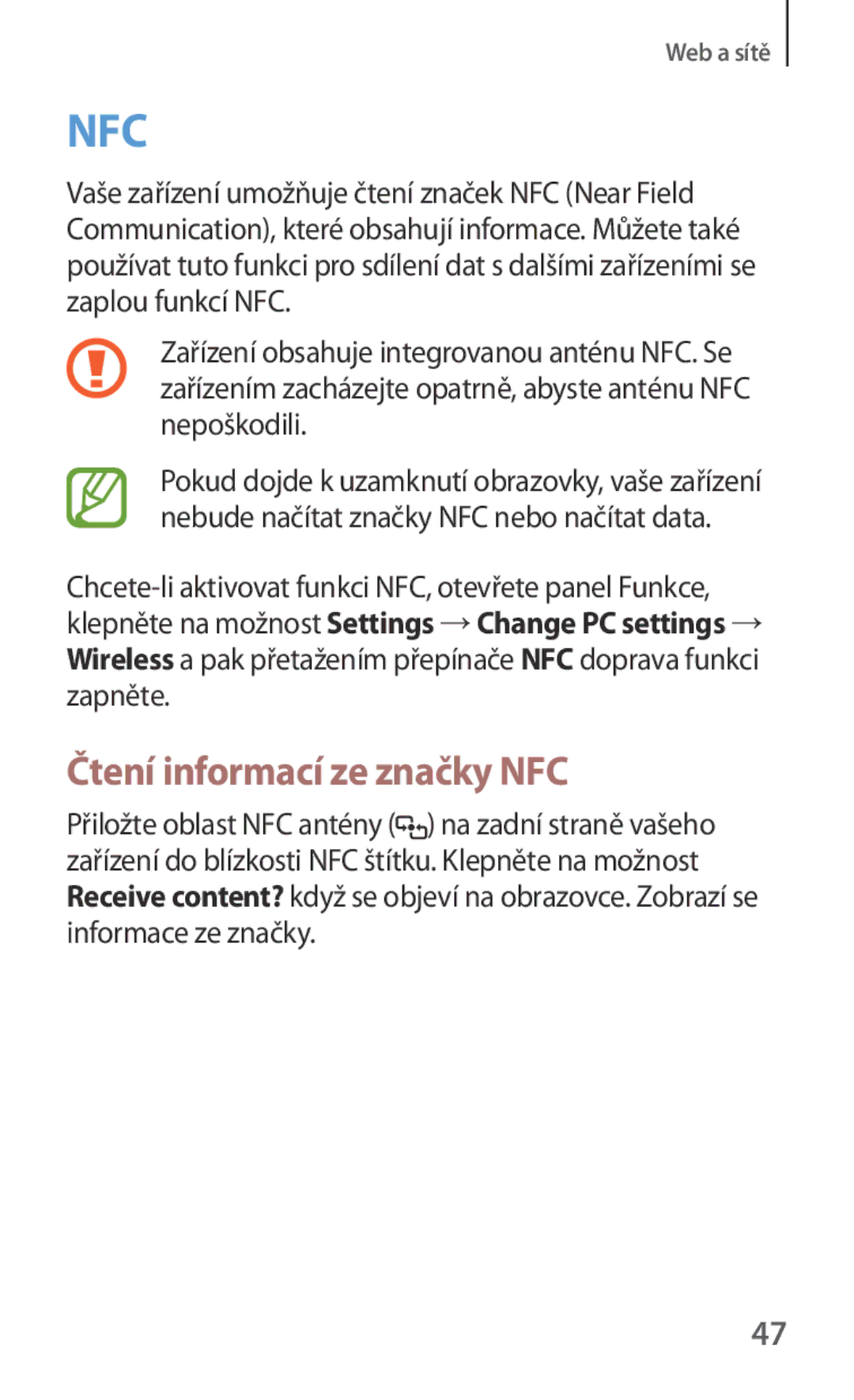 Samsung GT-P8510MSAAUT, GT-P8510MSAATO, GT-P8510MSAORX, GT-P8510MSAETL manual Nfc, Čtení informací ze značky NFC 