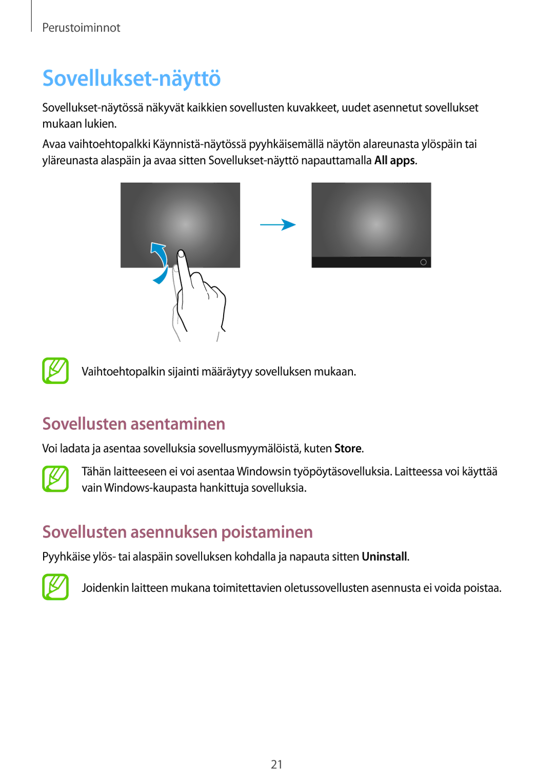 Samsung GT-P8510MSENEE, GT-P8510MSANEE Sovellukset-näyttö, Sovellusten asentaminen, Sovellusten asennuksen poistaminen 