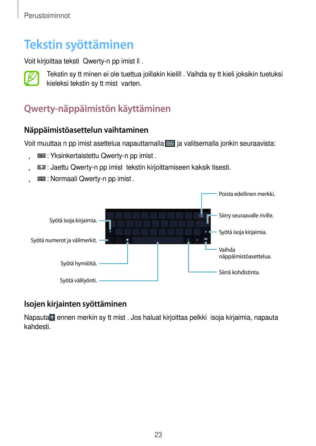 Samsung GT-P8510MSENEE manual Tekstin syöttäminen, Qwerty-näppäimistön käyttäminen, Näppäimistöasettelun vaihtaminen 