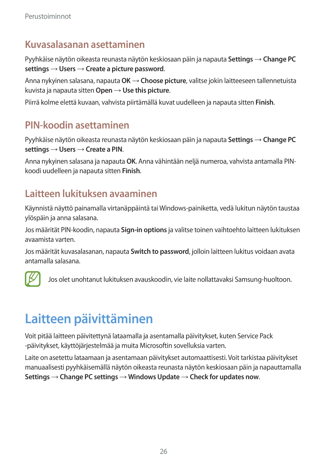 Samsung GT-P8510MSANEE, GT-P8510MSENEE manual Laitteen päivittäminen, Kuvasalasanan asettaminen, PIN-koodin asettaminen 