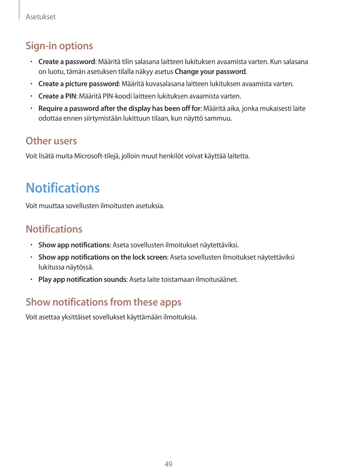 Samsung GT-P8510MSENEE, GT-P8510MSANEE Notifications, Sign-in options, Other users, Show notifications from these apps 