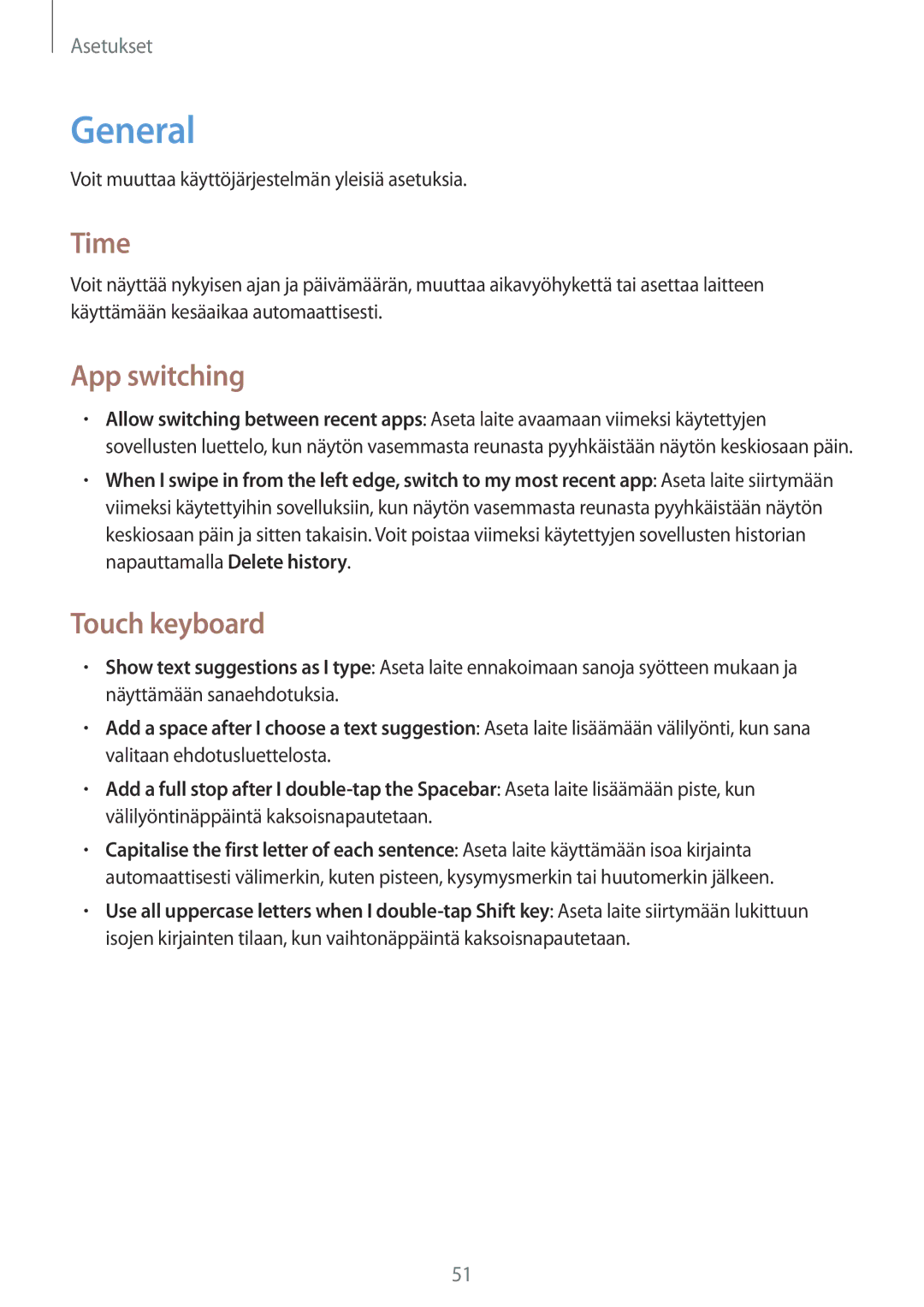 Samsung GT-P8510MSENEE, GT-P8510MSANEE manual General, Time, App switching, Touch keyboard 