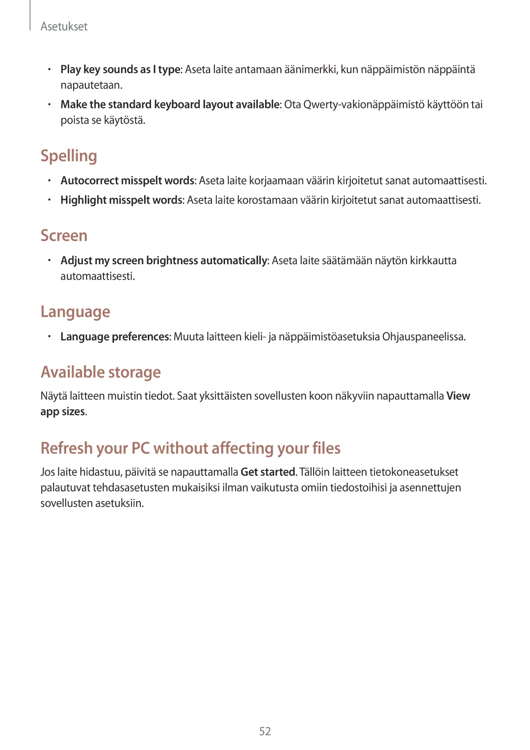 Samsung GT-P8510MSANEE manual Spelling, Screen, Language, Available storage, Refresh your PC without affecting your files 